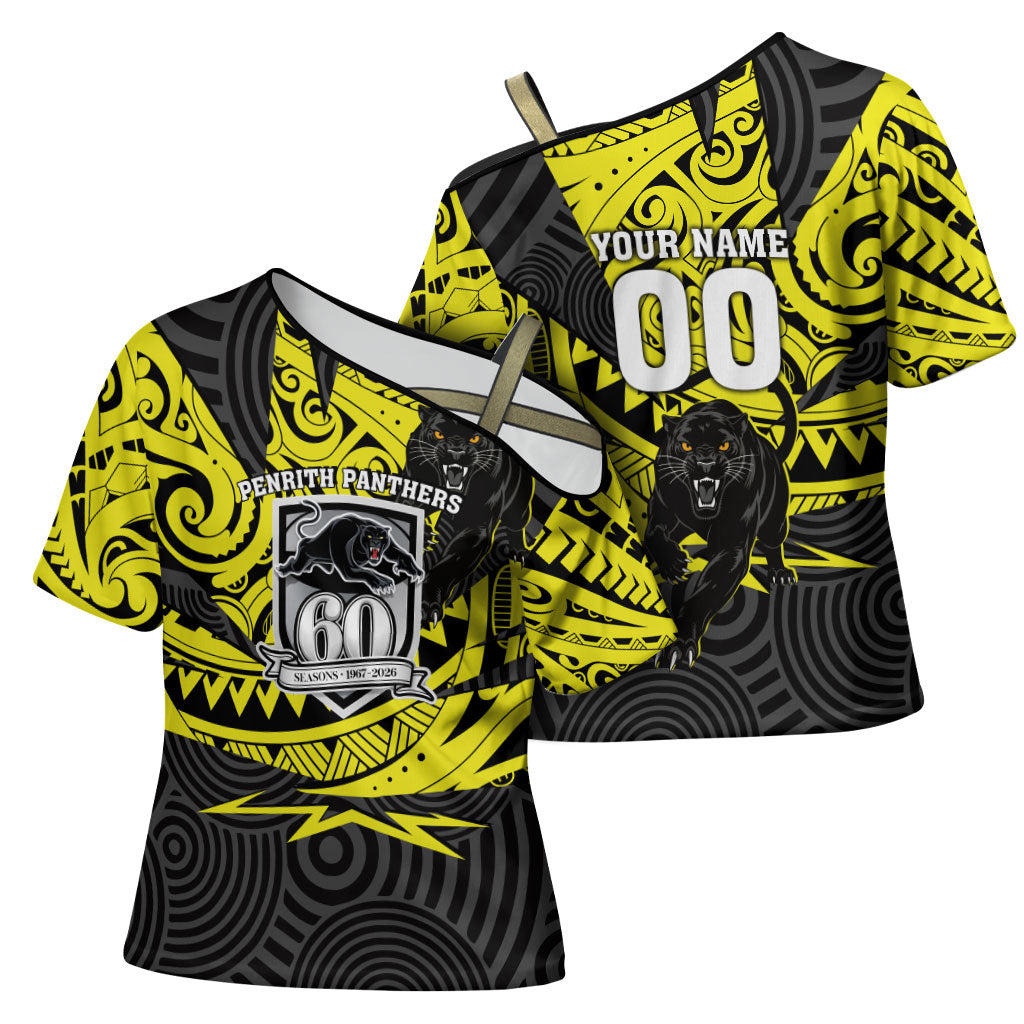 Custom Panthers Rugby 60th Anniversary Cross Shoulder Shirt Penrith Polynesian Tribal Pattern - Traditional Tattoo