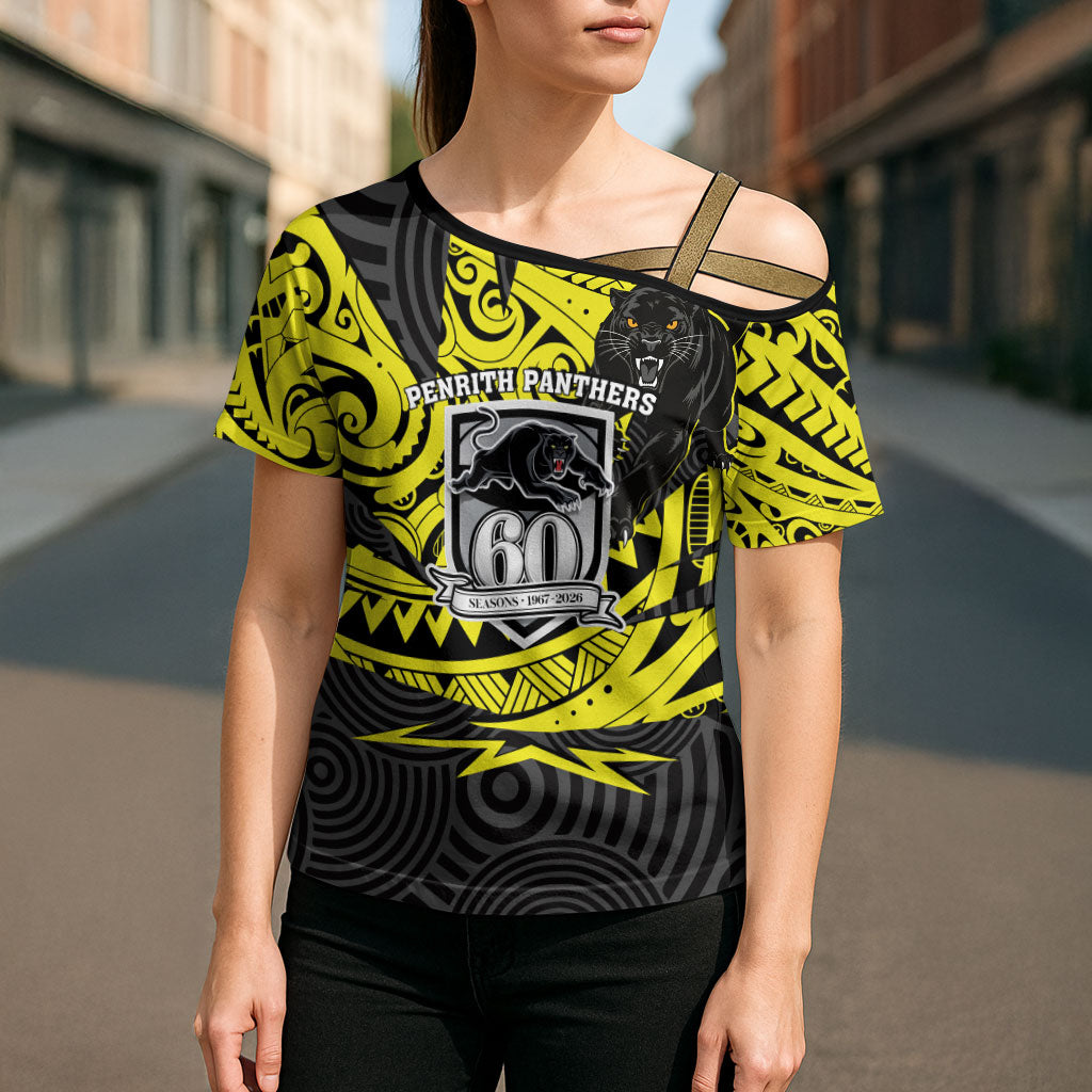 Custom Panthers Rugby 60th Anniversary Cross Shoulder Shirt Penrith Polynesian Tribal Pattern - Traditional Tattoo