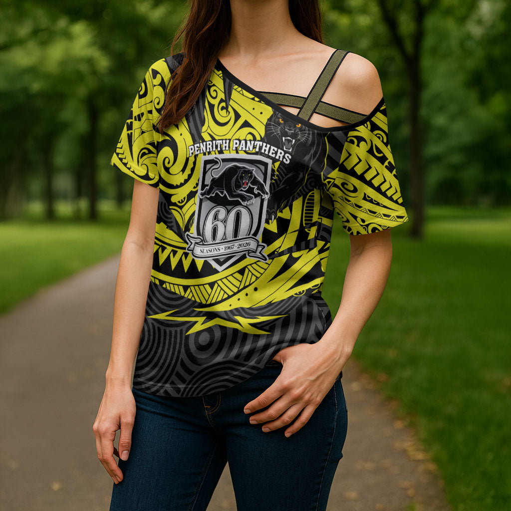 Custom Panthers Rugby 60th Anniversary Cross Shoulder Shirt Penrith Polynesian Tribal Pattern - Traditional Tattoo
