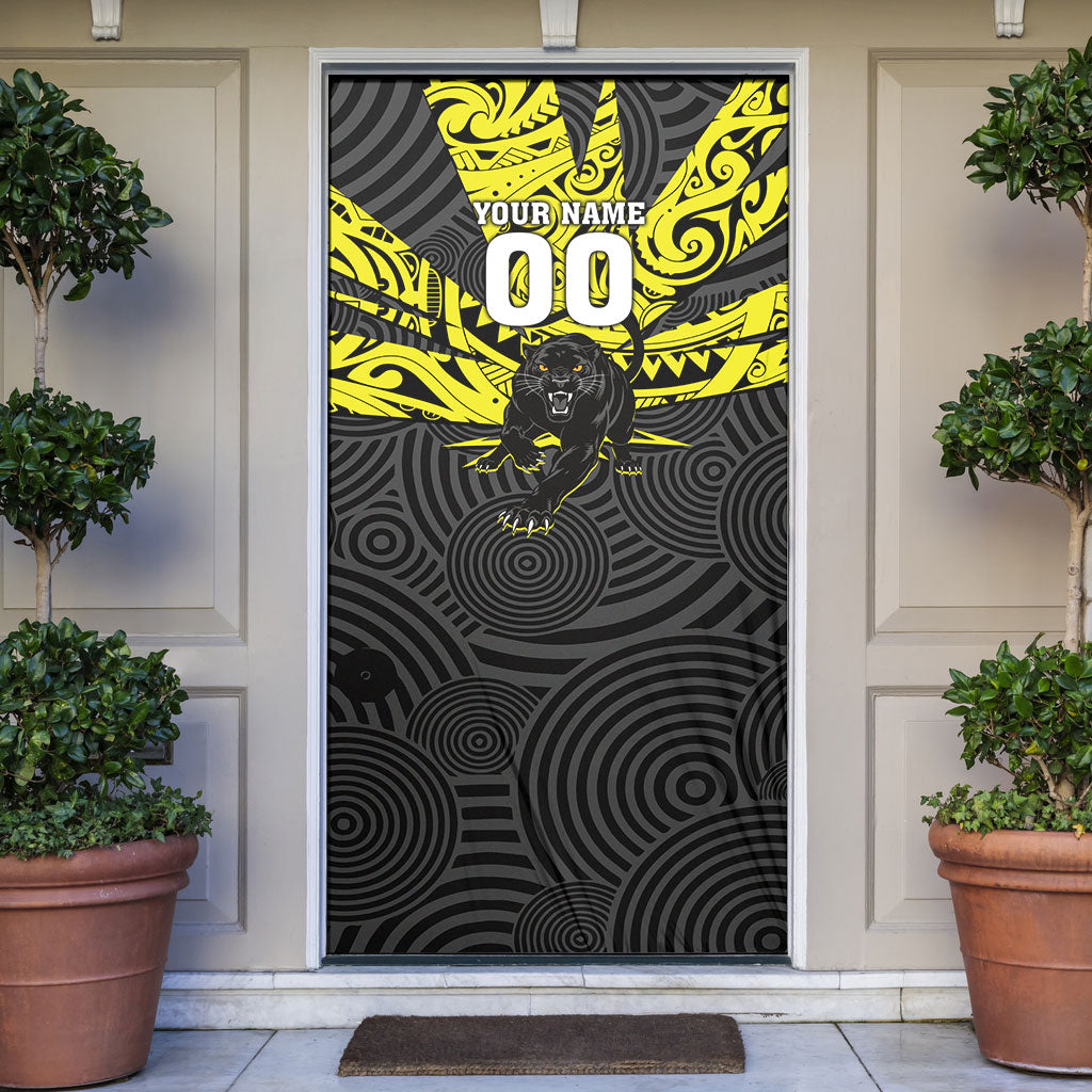 Custom Panthers Rugby 60th Anniversary Door Cover Penrith Polynesian Tribal Pattern - Traditional Tattoo