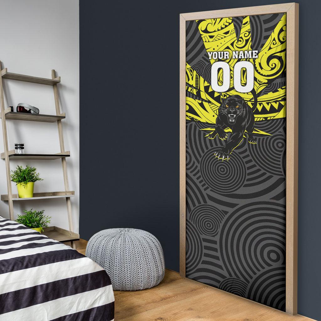 Custom Panthers Rugby 60th Anniversary Door Cover Penrith Polynesian Tribal Pattern - Traditional Tattoo