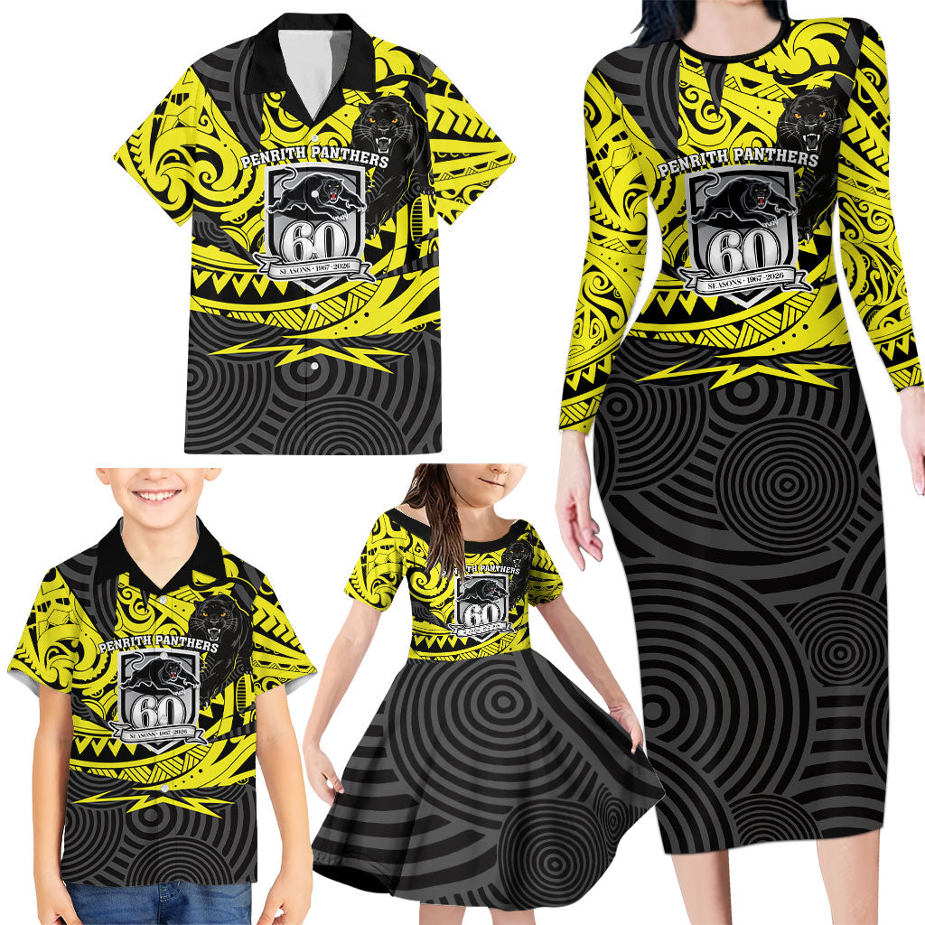 Custom Panthers Rugby 60th Anniversary Family Matching Long Sleeve Bodycon Dress and Hawaiian Shirt Penrith Polynesian Tribal Pattern - Traditional Tattoo