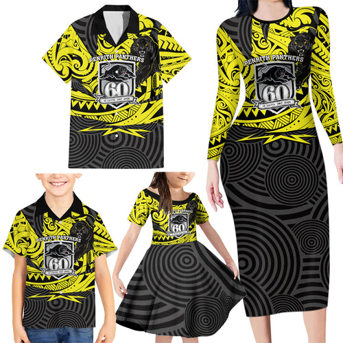 Custom Panthers Rugby 60th Anniversary Family Matching Long Sleeve Bodycon Dress and Hawaiian Shirt Penrith Polynesian Tribal Pattern - Traditional Tattoo