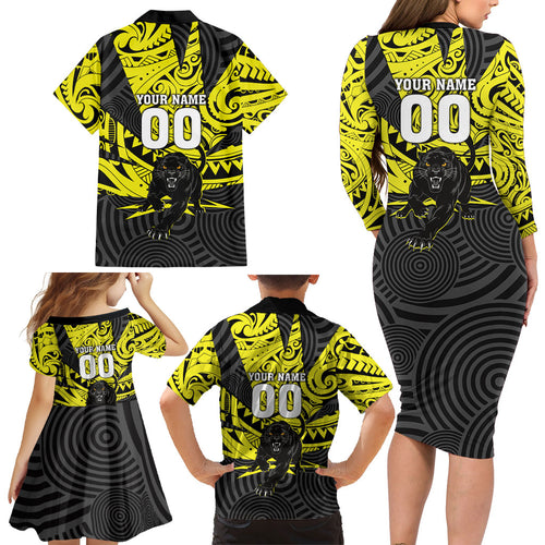 Custom Panthers Rugby 60th Anniversary Family Matching Long Sleeve Bodycon Dress and Hawaiian Shirt Penrith Polynesian Tribal Pattern - Traditional Tattoo