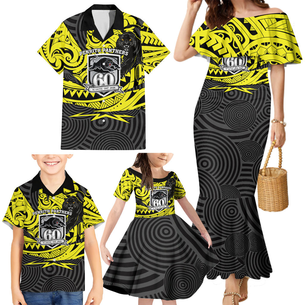 Custom Panthers Rugby 60th Anniversary Family Matching Mermaid Dress and Hawaiian Shirt Penrith Polynesian Tribal Pattern - Traditional Tattoo