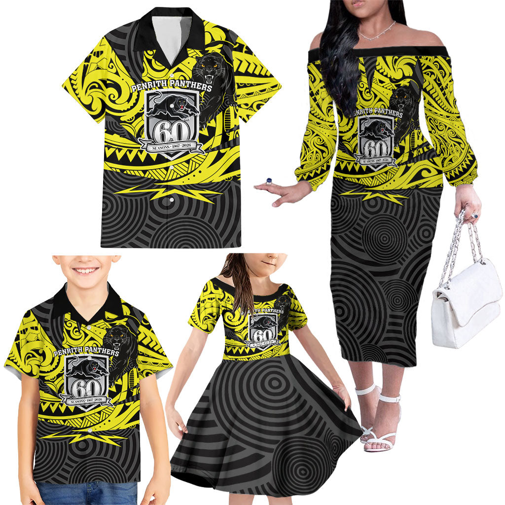 Custom Panthers Rugby 60th Anniversary Family Matching Off The Shoulder Long Sleeve Dress and Hawaiian Shirt Penrith Polynesian Tribal Pattern - Traditional Tattoo
