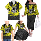 Custom Panthers Rugby 60th Anniversary Family Matching Off The Shoulder Long Sleeve Dress and Hawaiian Shirt Penrith Polynesian Tribal Pattern - Traditional Tattoo