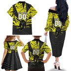 Custom Panthers Rugby 60th Anniversary Family Matching Off The Shoulder Long Sleeve Dress and Hawaiian Shirt Penrith Polynesian Tribal Pattern - Traditional Tattoo