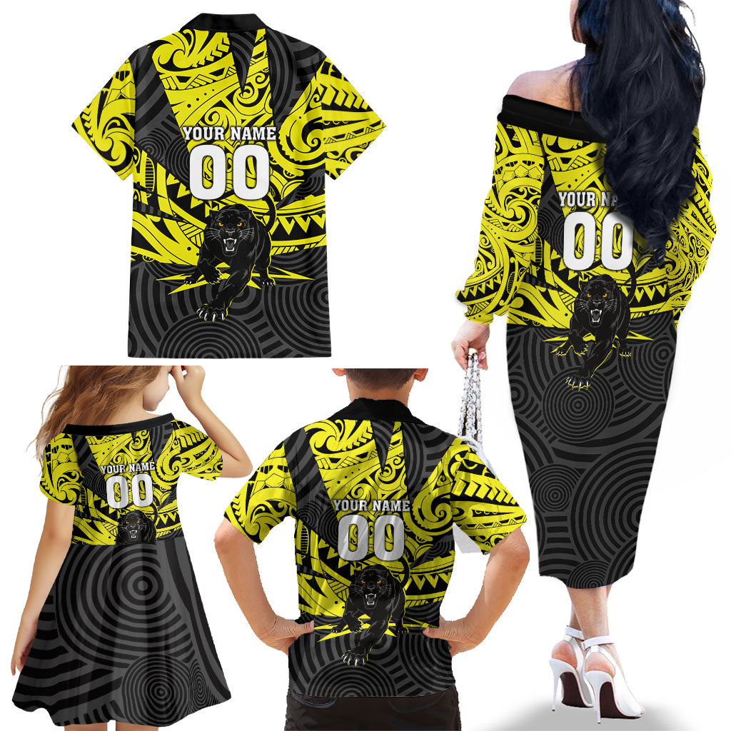 Custom Panthers Rugby 60th Anniversary Family Matching Off The Shoulder Long Sleeve Dress and Hawaiian Shirt Penrith Polynesian Tribal Pattern - Traditional Tattoo