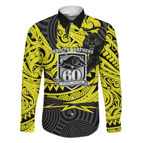 Custom Panthers Rugby 60th Anniversary Family Matching Off The Shoulder Long Sleeve Dress and Hawaiian Shirt Penrith Polynesian Tribal Pattern - Traditional Tattoo