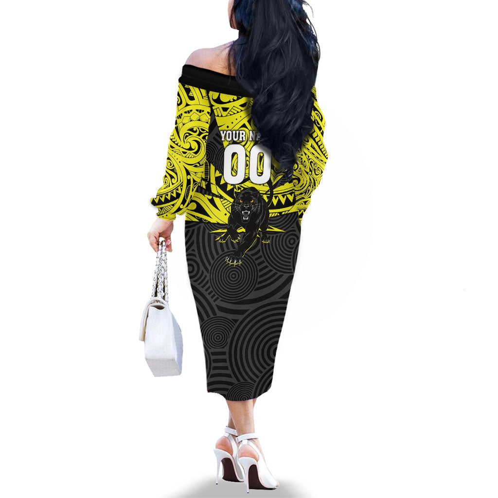 Custom Panthers Rugby 60th Anniversary Family Matching Off The Shoulder Long Sleeve Dress and Hawaiian Shirt Penrith Polynesian Tribal Pattern - Traditional Tattoo