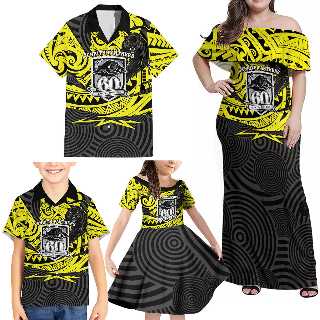 Custom Panthers Rugby 60th Anniversary Family Matching Off Shoulder Maxi Dress and Hawaiian Shirt Penrith Polynesian Tribal Pattern - Traditional Tattoo