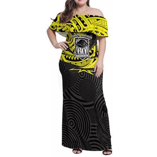 Custom Panthers Rugby 60th Anniversary Family Matching Off Shoulder Maxi Dress and Hawaiian Shirt Penrith Polynesian Tribal Pattern - Traditional Tattoo