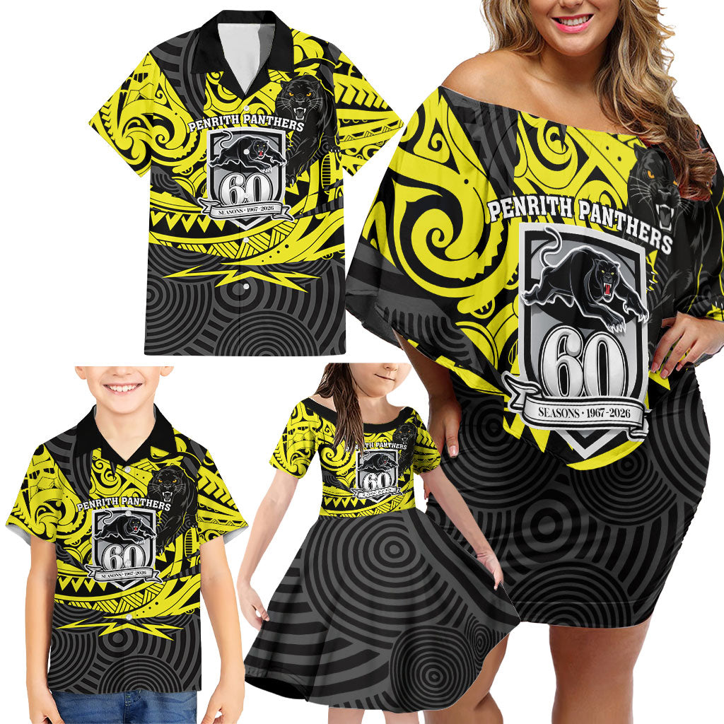 Custom Panthers Rugby 60th Anniversary Family Matching Off Shoulder Short Dress and Hawaiian Shirt Penrith Polynesian Tribal Pattern - Traditional Tattoo