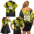 Custom Panthers Rugby 60th Anniversary Family Matching Off Shoulder Short Dress and Hawaiian Shirt Penrith Polynesian Tribal Pattern - Traditional Tattoo