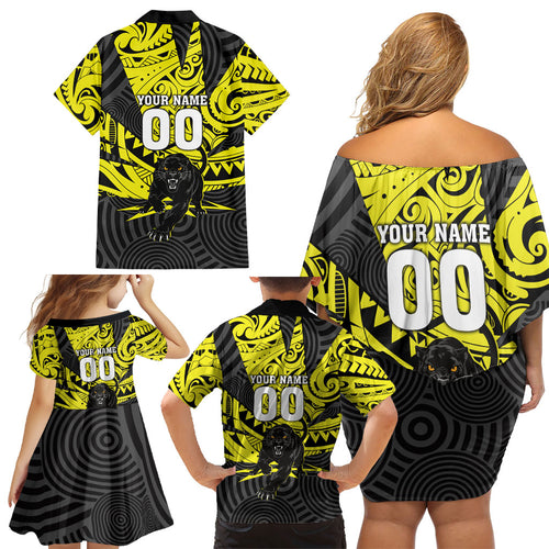 Custom Panthers Rugby 60th Anniversary Family Matching Off Shoulder Short Dress and Hawaiian Shirt Penrith Polynesian Tribal Pattern - Traditional Tattoo