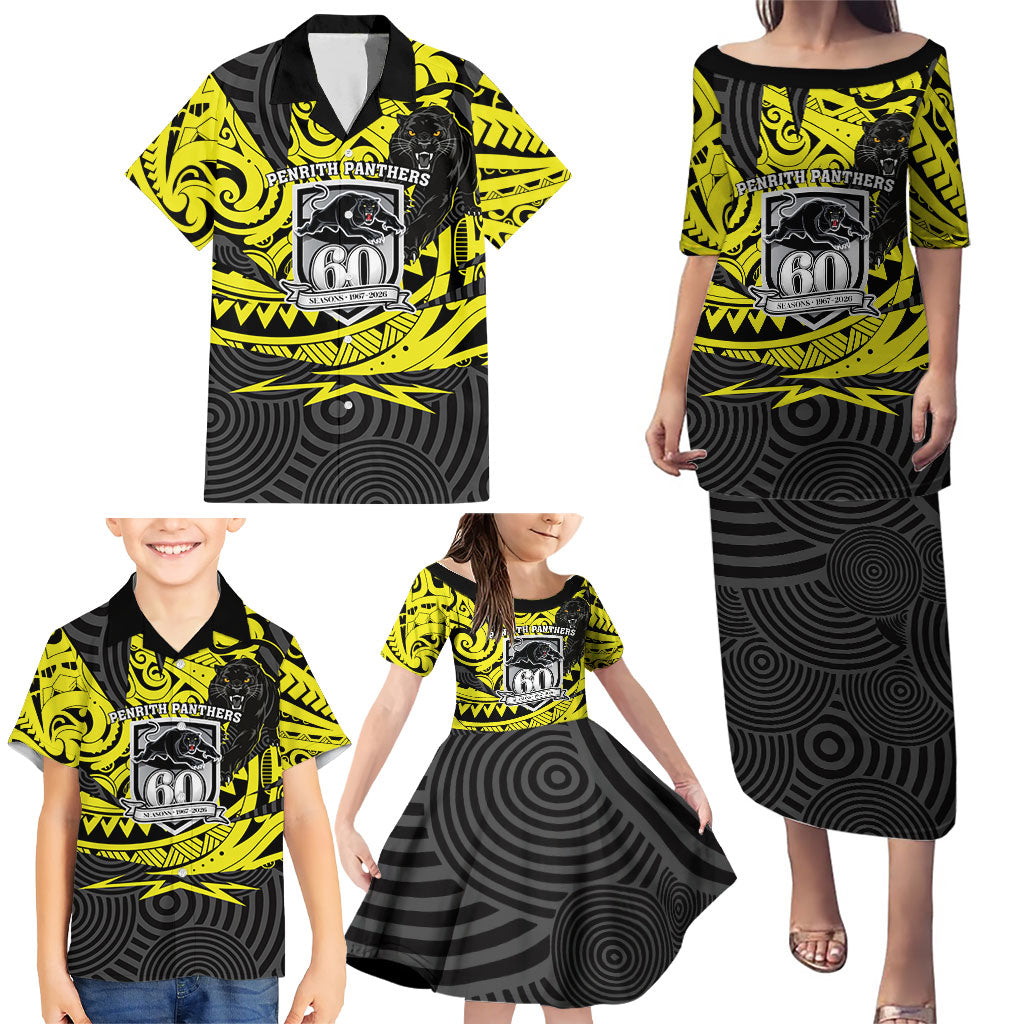 Custom Panthers Rugby 60th Anniversary Family Matching Puletasi and Hawaiian Shirt Penrith Polynesian Tribal Pattern - Traditional Tattoo