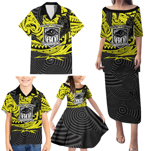Custom Panthers Rugby 60th Anniversary Family Matching Puletasi and Hawaiian Shirt Penrith Polynesian Tribal Pattern - Traditional Tattoo