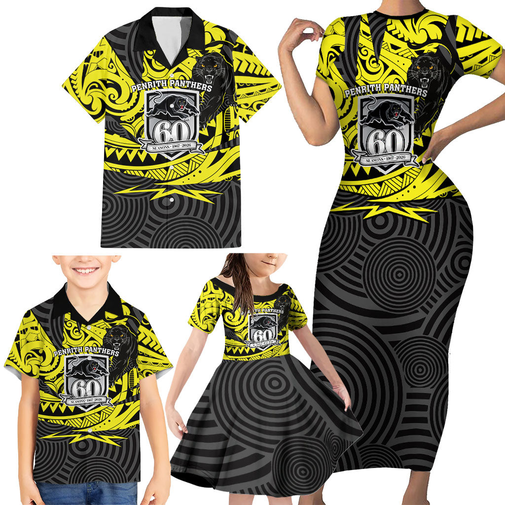 Custom Panthers Rugby 60th Anniversary Family Matching Short Sleeve Bodycon Dress and Hawaiian Shirt Penrith Polynesian Tribal Pattern - Traditional Tattoo