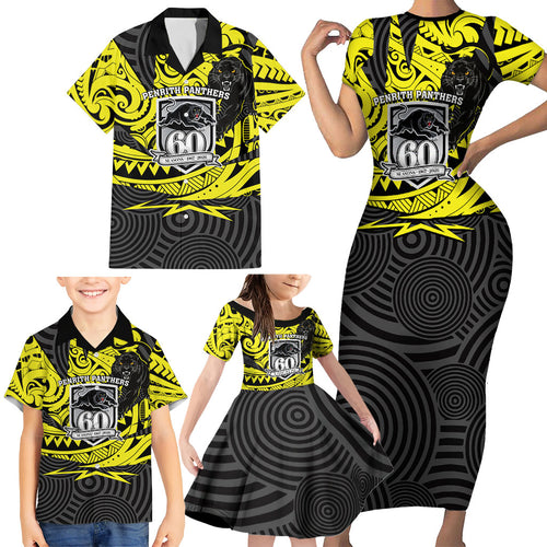 Custom Panthers Rugby 60th Anniversary Family Matching Short Sleeve Bodycon Dress and Hawaiian Shirt Penrith Polynesian Tribal Pattern - Traditional Tattoo