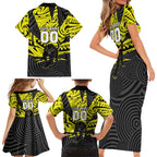 Custom Panthers Rugby 60th Anniversary Family Matching Short Sleeve Bodycon Dress and Hawaiian Shirt Penrith Polynesian Tribal Pattern - Traditional Tattoo