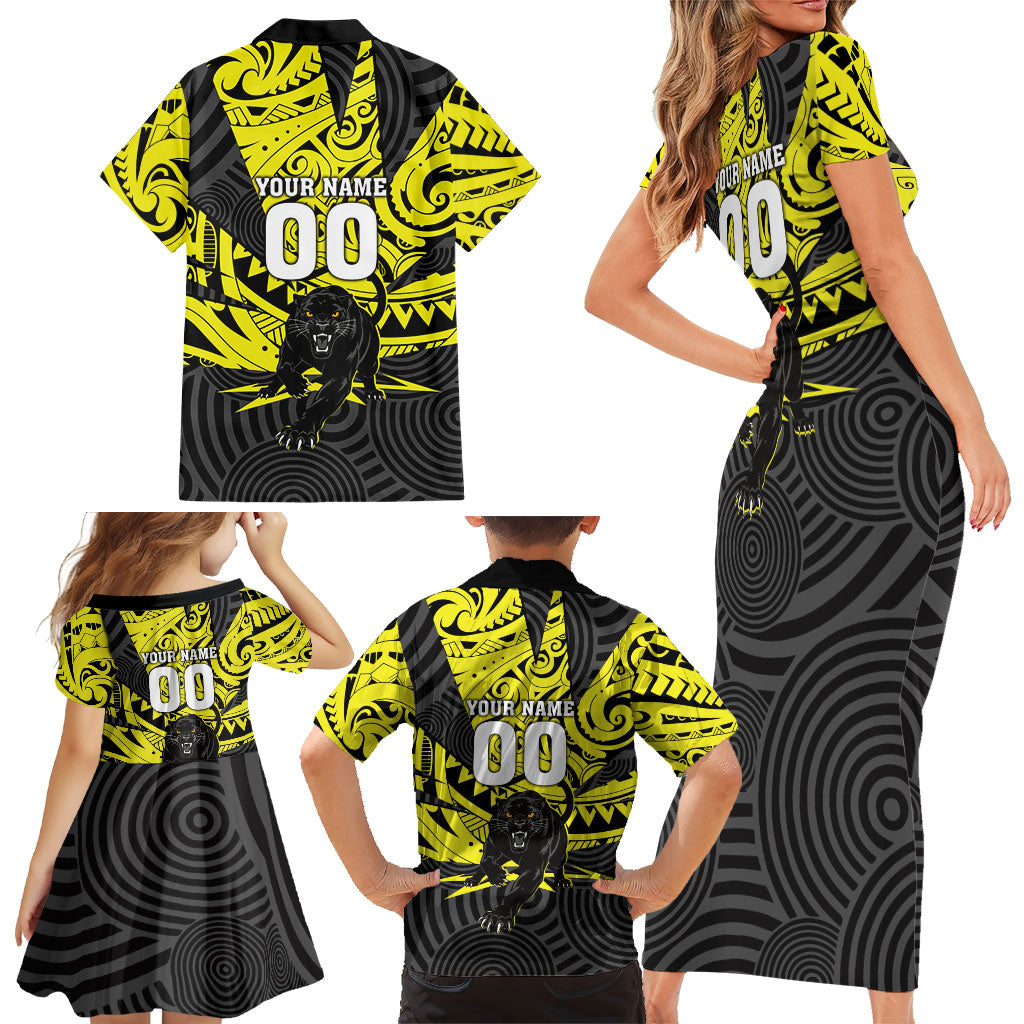 Custom Panthers Rugby 60th Anniversary Family Matching Short Sleeve Bodycon Dress and Hawaiian Shirt Penrith Polynesian Tribal Pattern - Traditional Tattoo