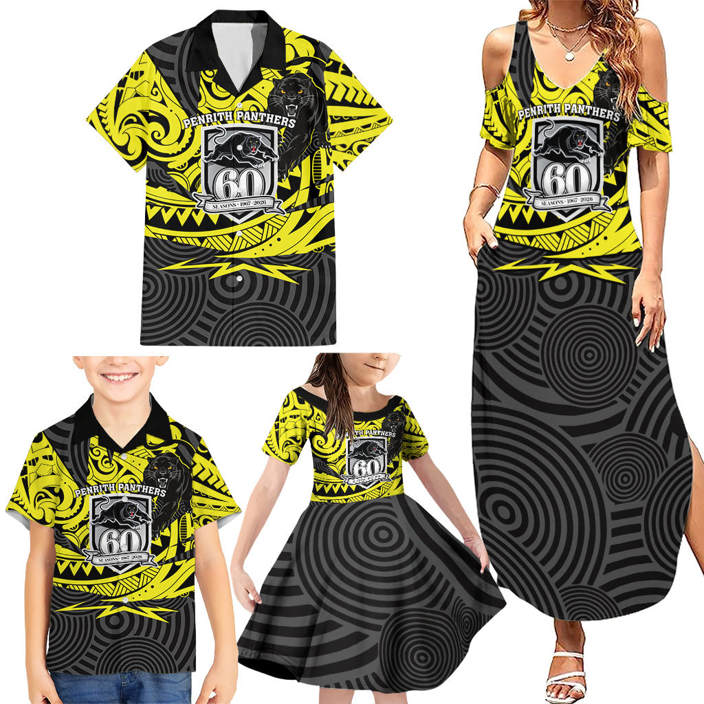 Custom Panthers Rugby 60th Anniversary Family Matching Summer Maxi Dress and Hawaiian Shirt Penrith Polynesian Tribal Pattern - Traditional Tattoo