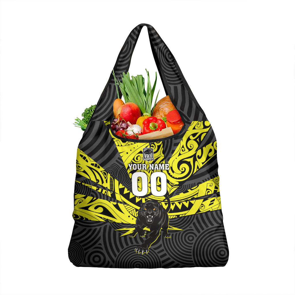 Custom Panthers Rugby 60th Anniversary Grocery Bag Penrith Polynesian Tribal Pattern - Traditional Tattoo