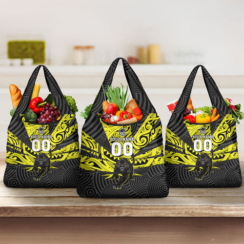 Custom Panthers Rugby 60th Anniversary Grocery Bag Penrith Polynesian Tribal Pattern - Traditional Tattoo