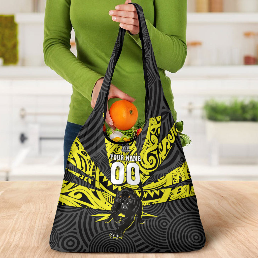 Custom Panthers Rugby 60th Anniversary Grocery Bag Penrith Polynesian Tribal Pattern - Traditional Tattoo
