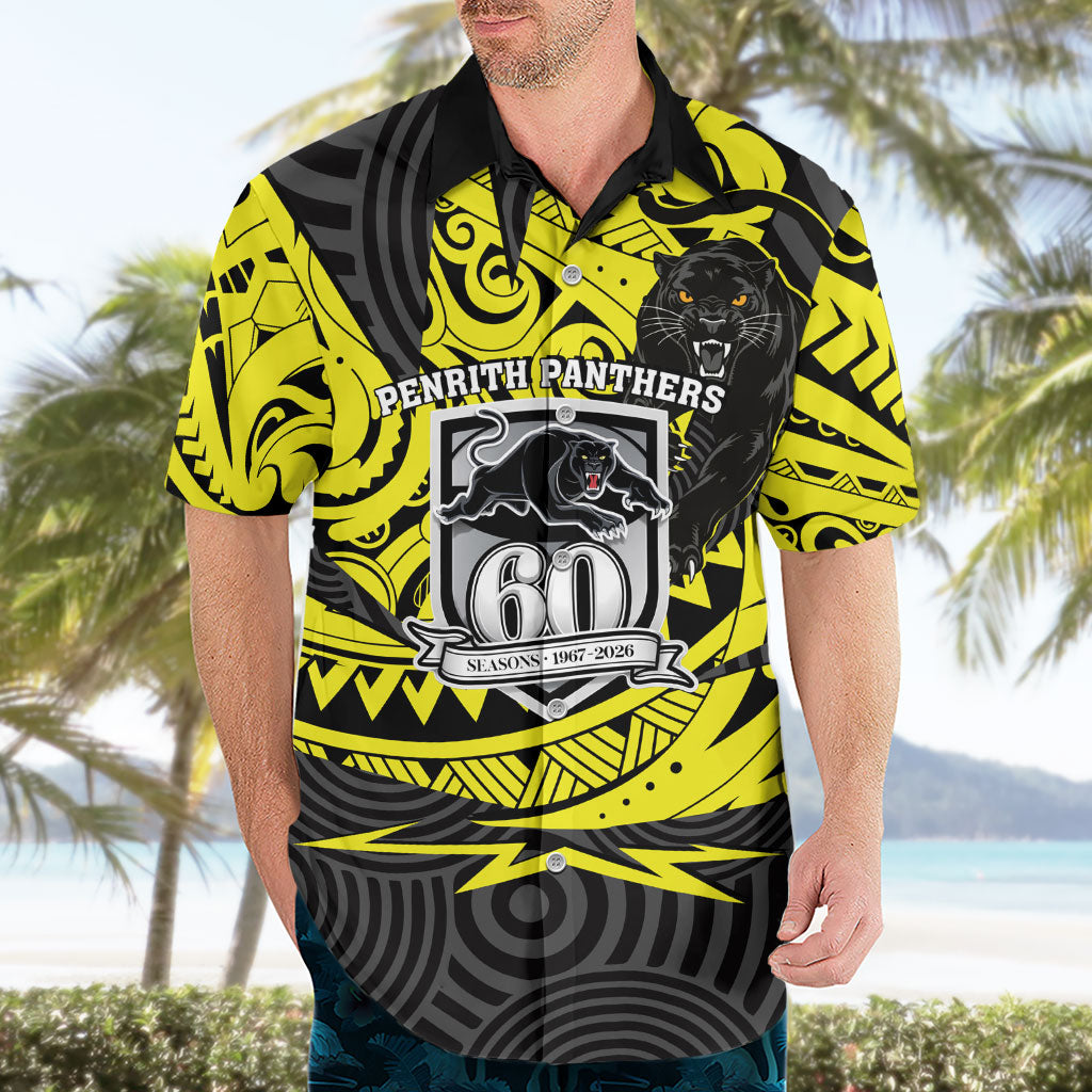 Custom Panthers Rugby 60th Anniversary Hawaiian Shirt Penrith Polynesian Tribal Pattern - Traditional Tattoo
