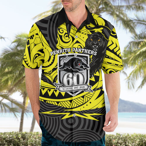 Custom Panthers Rugby 60th Anniversary Hawaiian Shirt Penrith Polynesian Tribal Pattern - Traditional Tattoo