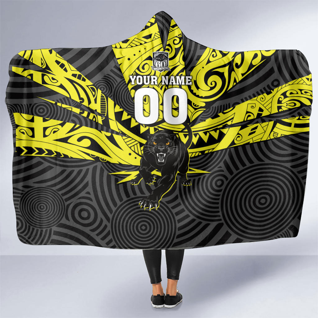 Custom Panthers Rugby 60th Anniversary Hooded Blanket Penrith Polynesian Tribal Pattern - Traditional Tattoo