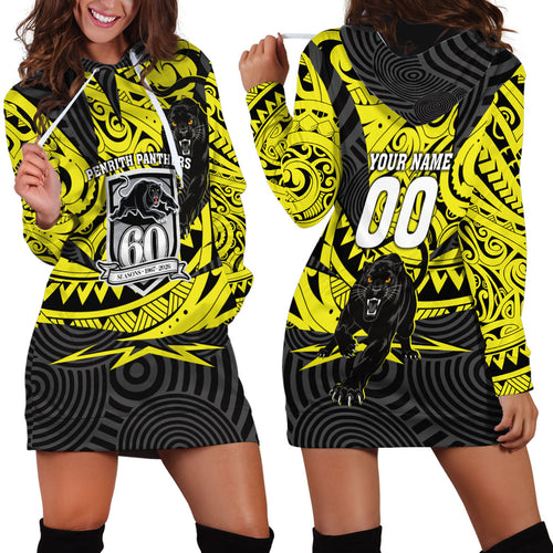 Custom Panthers Rugby 60th Anniversary Hoodie Dress Penrith Polynesian Tribal Pattern - Traditional Tattoo
