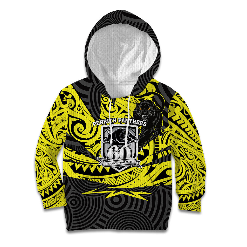 Custom Panthers Rugby 60th Anniversary Kid Hoodie Penrith Polynesian Tribal Pattern - Traditional Tattoo