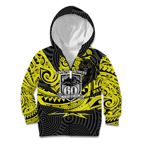 Custom Panthers Rugby 60th Anniversary Kid Hoodie Penrith Polynesian Tribal Pattern - Traditional Tattoo