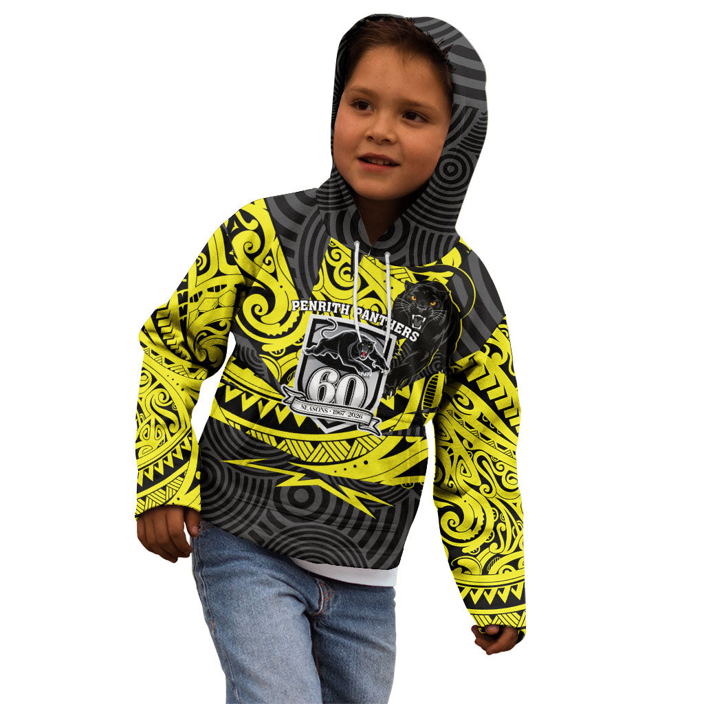 Custom Panthers Rugby 60th Anniversary Kid Hoodie Penrith Polynesian Tribal Pattern - Traditional Tattoo