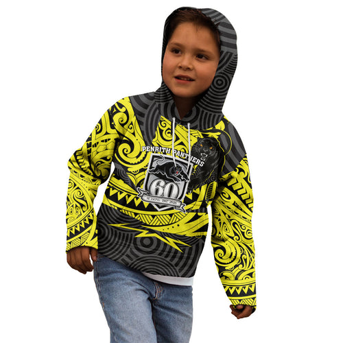 Custom Panthers Rugby 60th Anniversary Kid Hoodie Penrith Polynesian Tribal Pattern - Traditional Tattoo