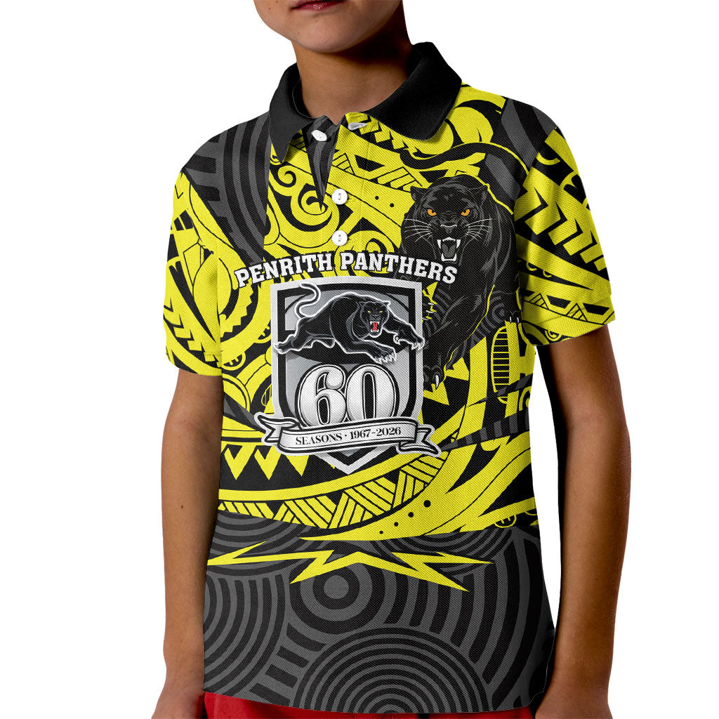 Custom Panthers Rugby 60th Anniversary Kid Polo Shirt Penrith Polynesian Tribal Pattern - Traditional Tattoo