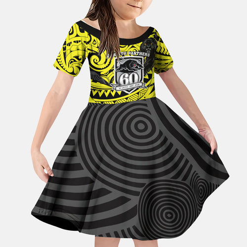 Custom Panthers Rugby 60th Anniversary Kid Short Sleeve Dress Penrith Polynesian Tribal Pattern - Traditional Tattoo