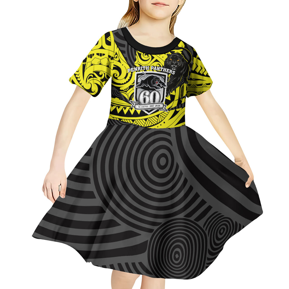 Custom Panthers Rugby 60th Anniversary Kid Short Sleeve Dress Penrith Polynesian Tribal Pattern - Traditional Tattoo