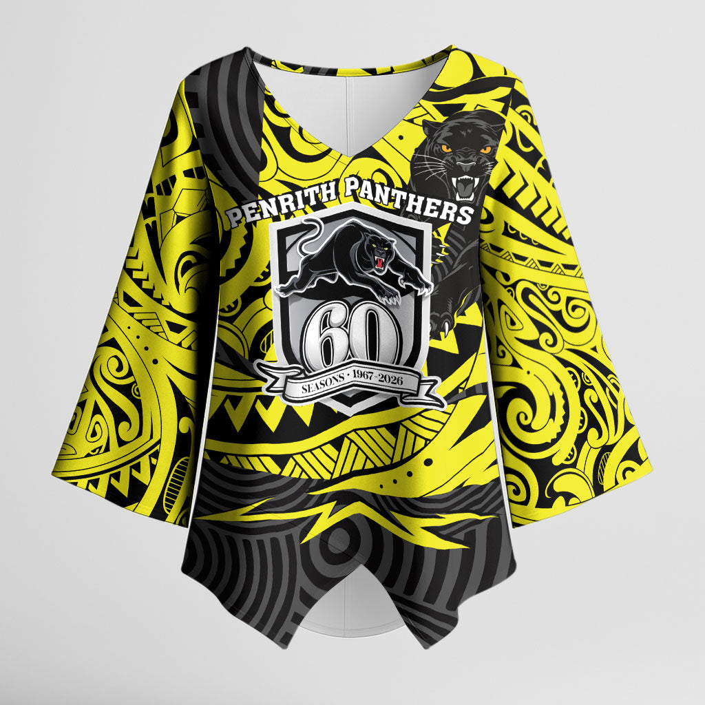 Custom Panthers Rugby 60th Anniversary Kimono Sleeve Blouse Penrith Polynesian Tribal Pattern - Traditional Tattoo