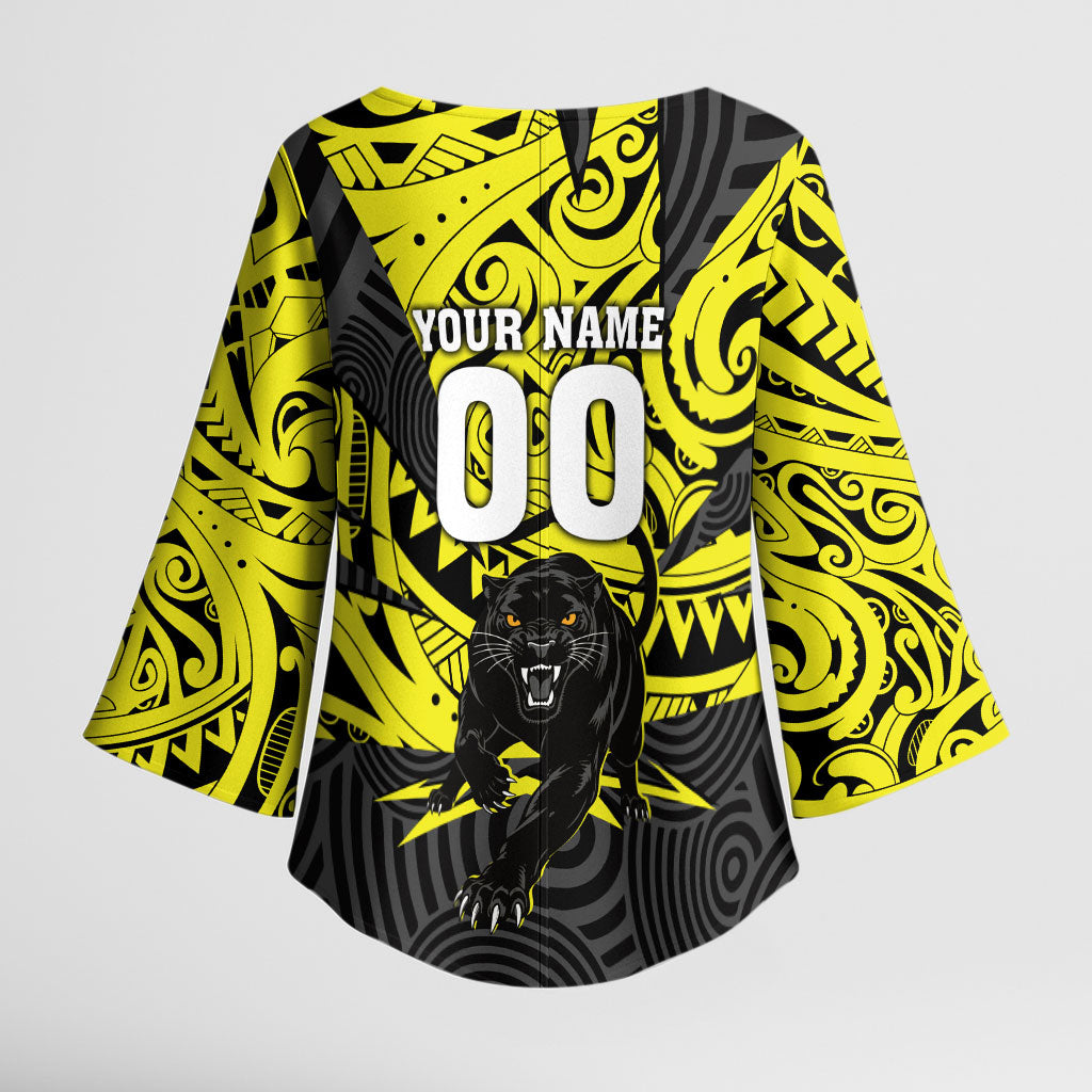 Custom Panthers Rugby 60th Anniversary Kimono Sleeve Blouse Penrith Polynesian Tribal Pattern - Traditional Tattoo
