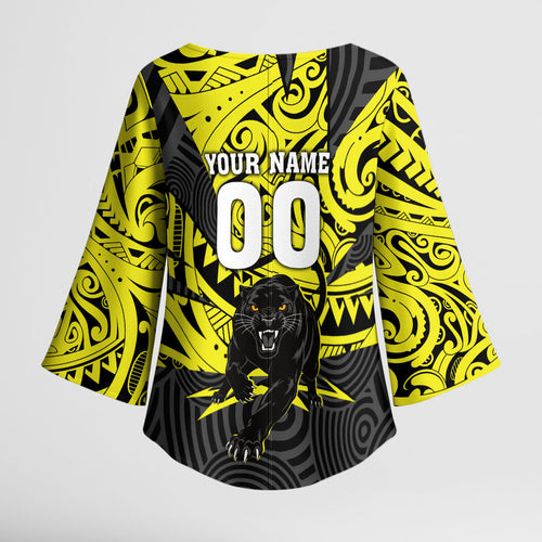 Custom Panthers Rugby 60th Anniversary Kimono Sleeve Blouse Penrith Polynesian Tribal Pattern - Traditional Tattoo
