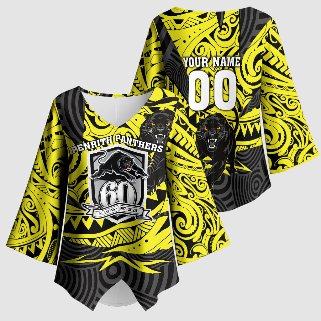 Custom Panthers Rugby 60th Anniversary Kimono Sleeve Blouse Penrith Polynesian Tribal Pattern - Traditional Tattoo