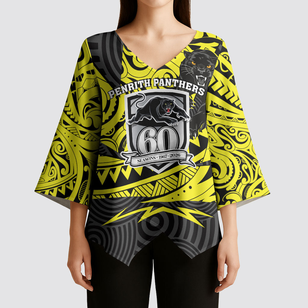 Custom Panthers Rugby 60th Anniversary Kimono Sleeve Blouse Penrith Polynesian Tribal Pattern - Traditional Tattoo