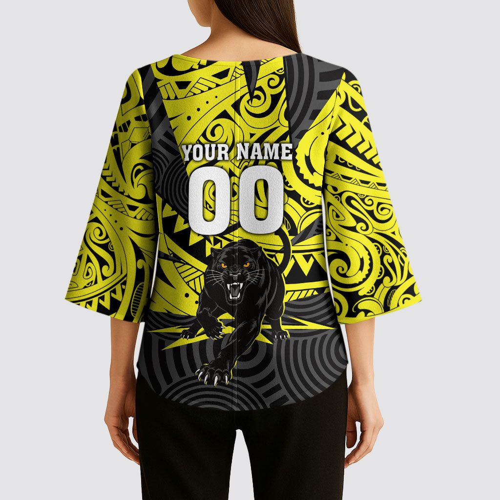 Custom Panthers Rugby 60th Anniversary Kimono Sleeve Blouse Penrith Polynesian Tribal Pattern - Traditional Tattoo