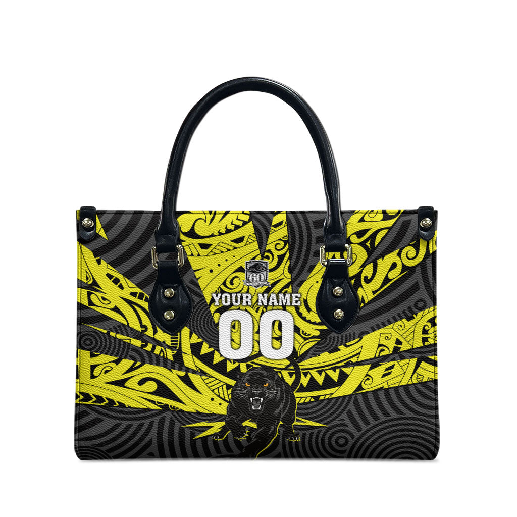 Custom Panthers Rugby 60th Anniversary Leather Bag Penrith Polynesian Tribal Pattern - Traditional Tattoo