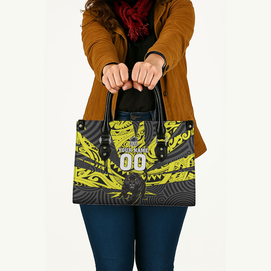 Custom Panthers Rugby 60th Anniversary Leather Bag Penrith Polynesian Tribal Pattern - Traditional Tattoo