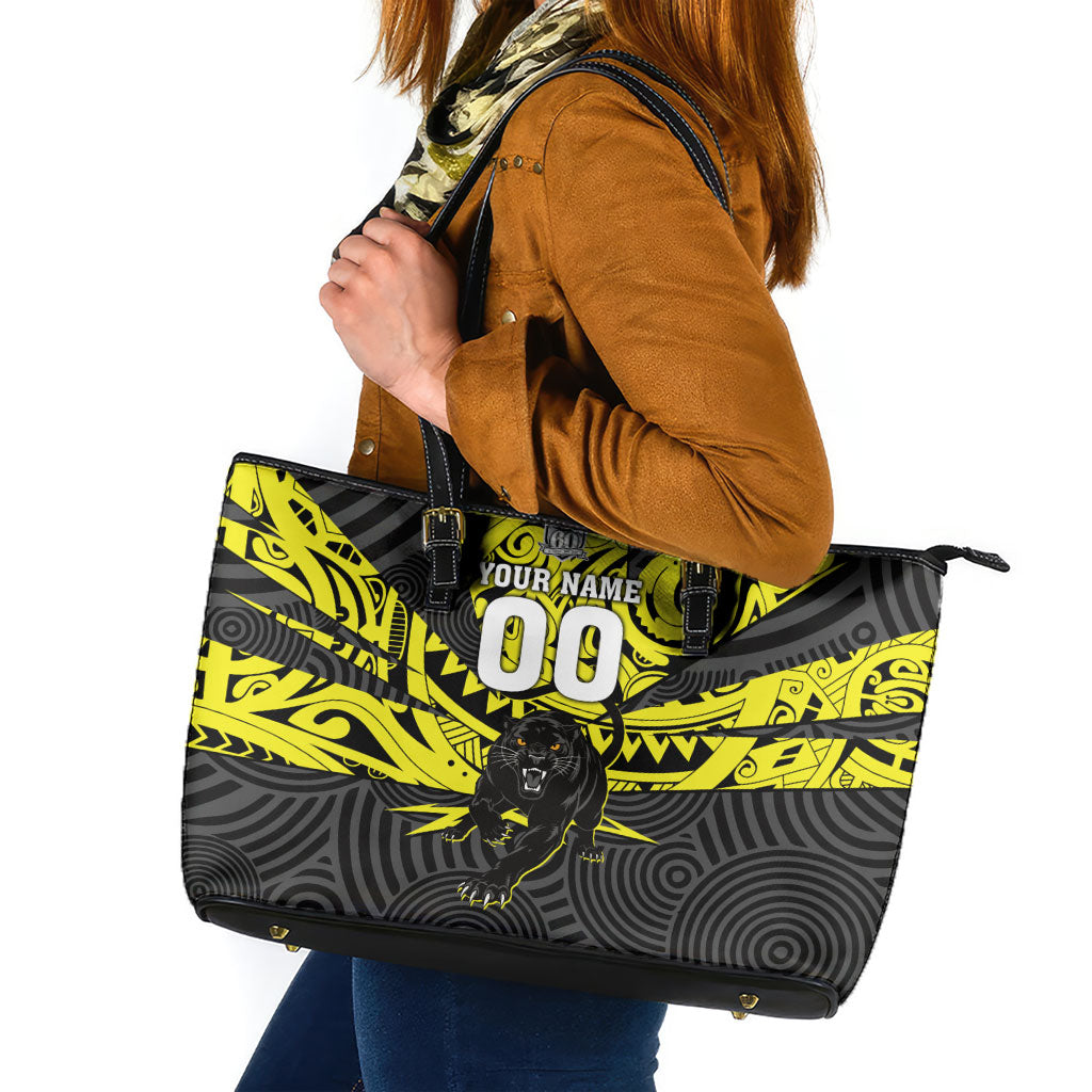 Custom Panthers Rugby 60th Anniversary Leather Tote Bag Penrith Polynesian Tribal Pattern - Traditional Tattoo
